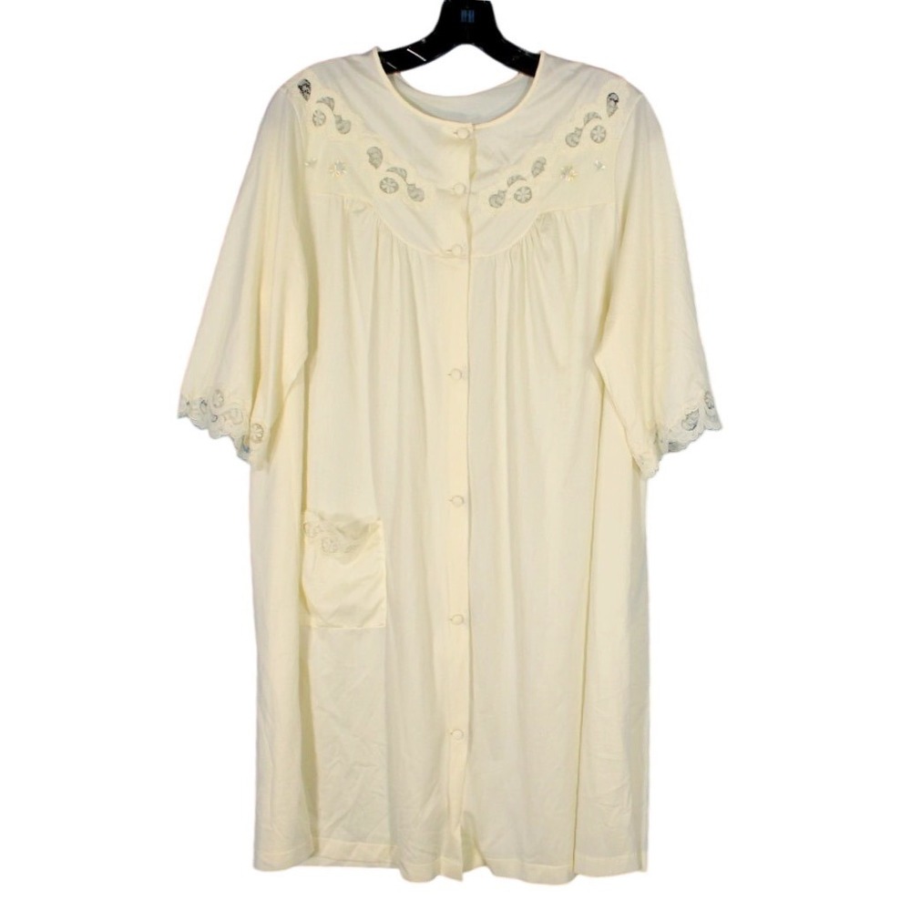 VTG SHADOWLINE Nylon PALE YELLOW Button-Up LACE/EMBROIDERED DETAIL Lounge ROBE M
